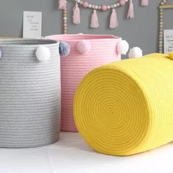 Large Woven Cotton Rope Storage Basket Baby Laundry Hamper Storage Bin Baskets for Organize Toy Diaper Home Decor-Pink