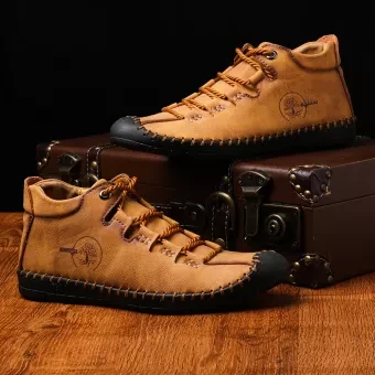 Men Vintage Hand Stitching Comfy Soft Microfiber Leather Lace Up Ankle Boots