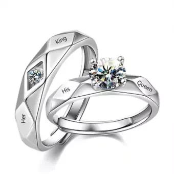 2 Pcs Set Lovers Couple Open Adjustable Ring Letter His Queen and Her King with Shiny Crystal Rhinestone for Women Men