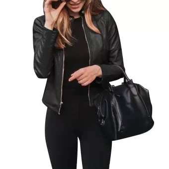 New Women Suit Jacket, Leather PU Stand-up Collar Design Smooth Zipper Close Simple Style Spring Clothin