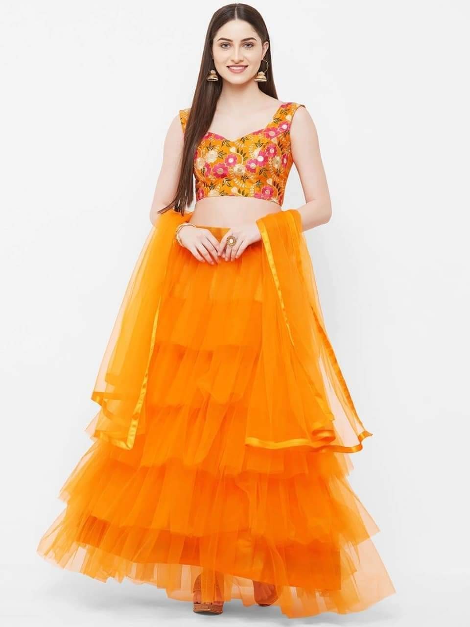 Ready Made Exclusive Design Lehega and Semi Stitched Embroidery Work Blouse with Net Dupatta Party Dress for Woman