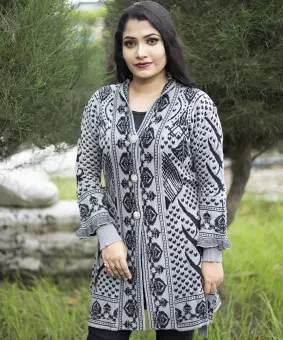Women Black & Grey Front Open Nungor Design Cardigan