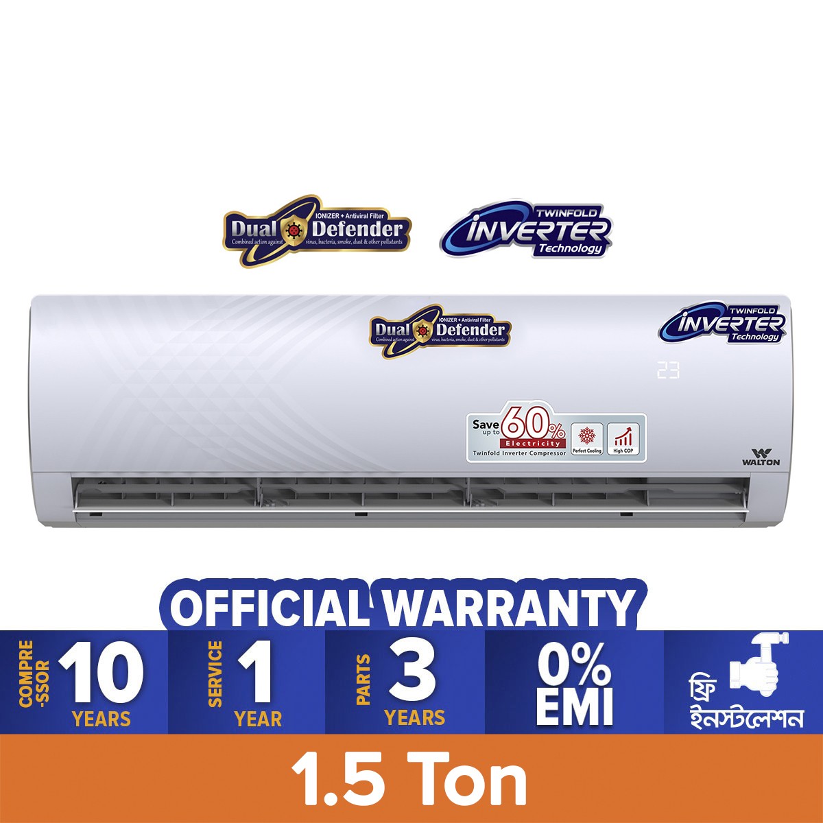 Walton Air Conditioner WSI-KRYSTALINE-18C [Defender] Split AC- 1.5 ton Inverter AC with Twinfold Inverter Technology